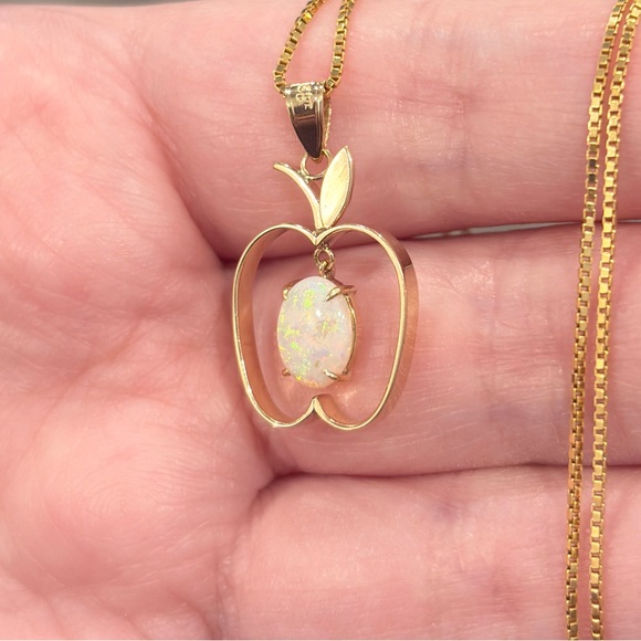 Vintage 14K Natural White Opal Apple Pendant: Filigree Gold Dangle Piece - Picture 9 of 14